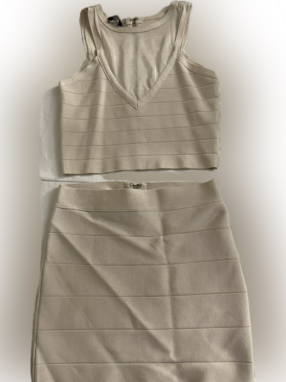 BeBe Cream Bandage Two-Piece Skirt Set with back zips